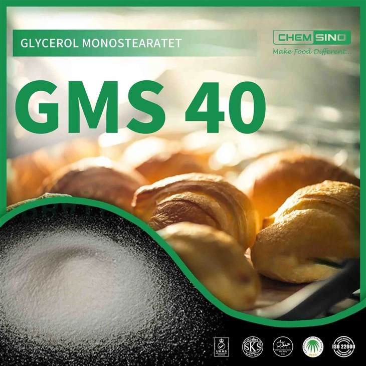 Glütseroolmonostearaadi 40% CAS-nr.{1}} GMS 40 pulber tootja